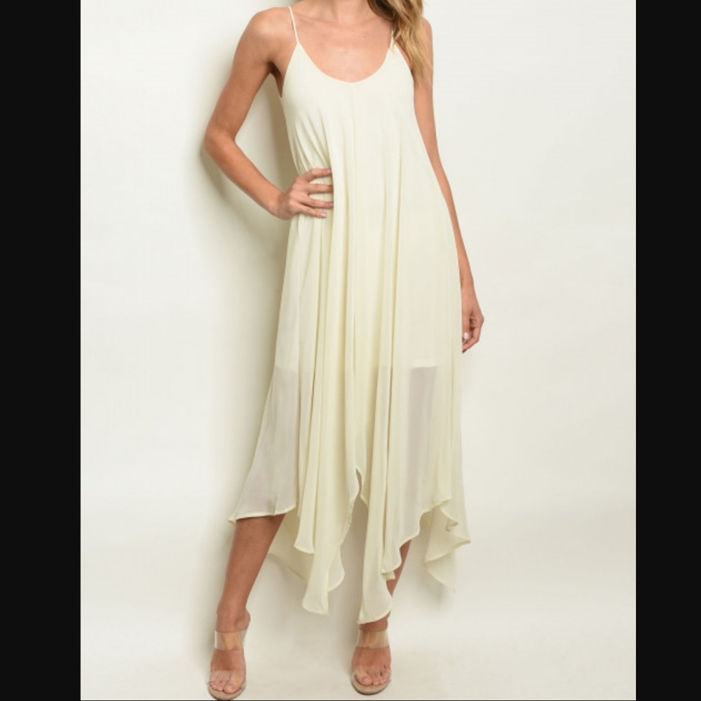 ECHO Sleeveless Deep Scoop Neck Asymmetric Hem Maxi Dress Ivory Sm Md & Lg NWT
